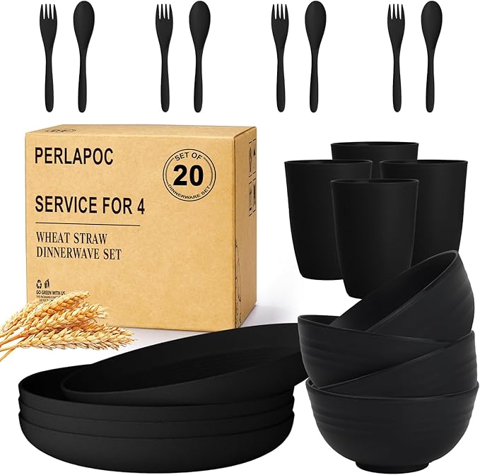 Wheat Straw Dinnerware Sets, Unbreakable Plates and Bowls Sets 20-Piece Service for 4,Plastic Outdoor Camping Dishes, Microwave & Dishwasher Safe - Black