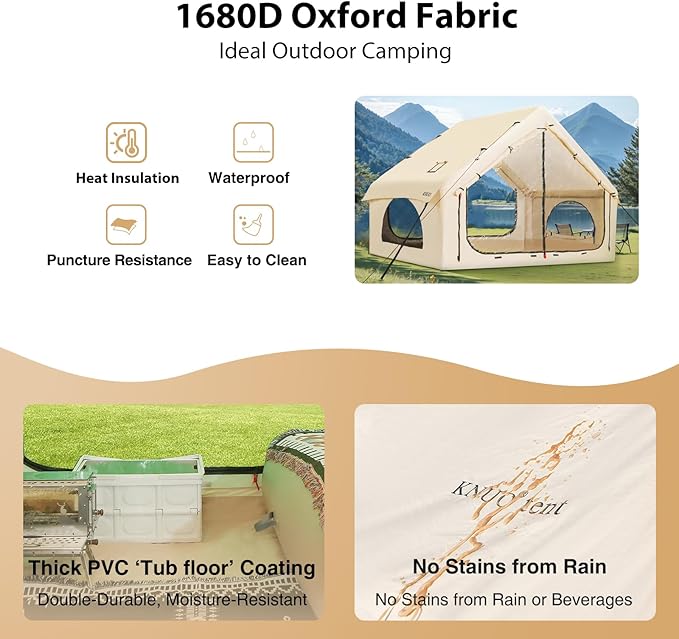 2025 Upgraded Waterproof Inflatable Camping Tent, Large Blow-Up Air Tent, No Assembly Needed Luxury Glamping House, Oxford Fabric