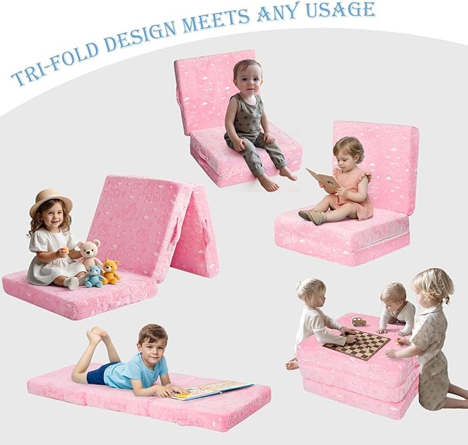 MeMoreCool Glow Unicorn Foldable Floor Mattress for Kids, Trifold Nap Mat for Toddlers, Portable Daycare Sleeping Futon or Floor Bed, 75x25 Inch Pink