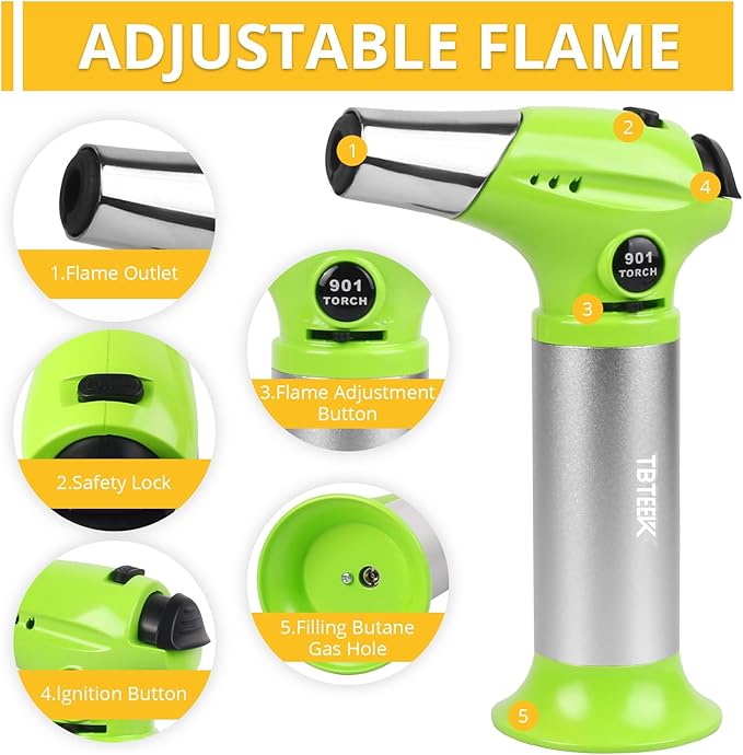 TBTEEK Butane Torch T901, Kitchen Torch Cooking Torch with Safety Lock & Adjustable Flame for Cooking, BBQ, Baking, Brulee, Creme, DIY Soldering(Butane Not Included), Green