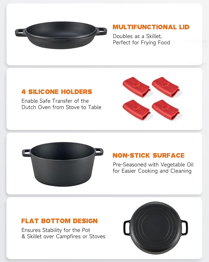 DARTMOOR 2-in-1 Pre-Seasoned Cast Iron Dutch Oven with Lid, 4.8 qt Pot & 10.5 in Skillet Cookware Set with Handles & Lid Lifter, Deep Pot for Baking Stewing Roasting, Indoor & Outdoor Use