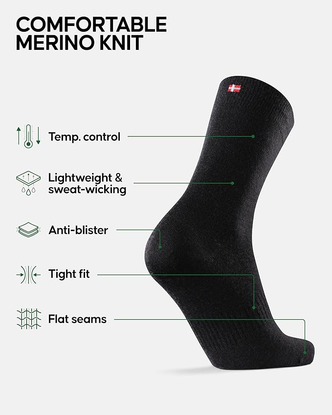 DANISH ENDURANCE Merino Wool Liner Hiking & Walking Socks, Blister Socks, Thermal, Breathable, for Men and Women - 2-Pack