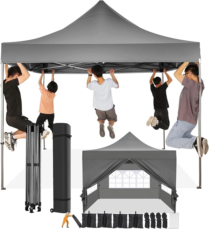 COBIZI 10x10 Pop Up Canopy with 4 Sidewall,Heavy Duty Canopy UPF 50+ All Season Wind Waterproof Commercial Outdoor Wedding Party Tents for Parties Canopy Gazebo with Roller Bag(10 x 10 ft Gray)