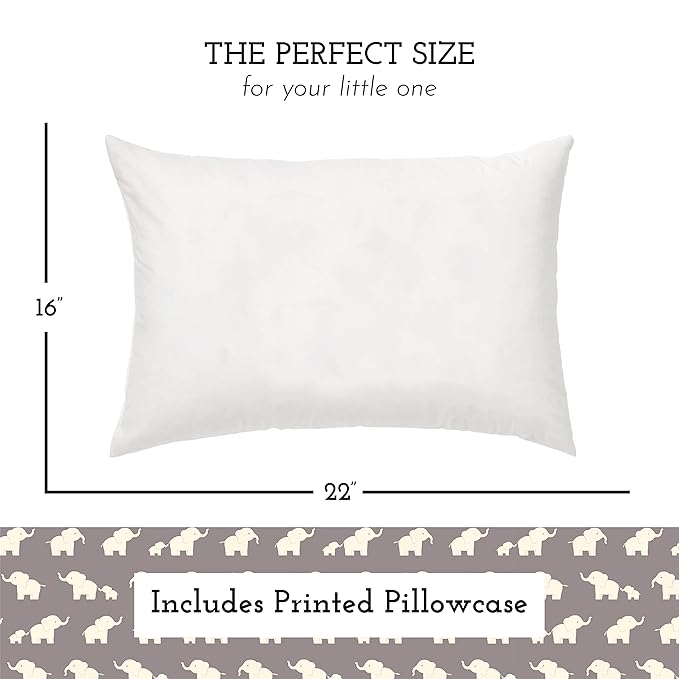 Little Sleepy Head Youth Pillow with Pillowcase 16x22, Soft Jumbo Toddler Pillow & Hypoallergenic Pillowcase - Best Kids Pillows for Sleeping, Perfect Kids Travel Pillow (Elephants Gray)