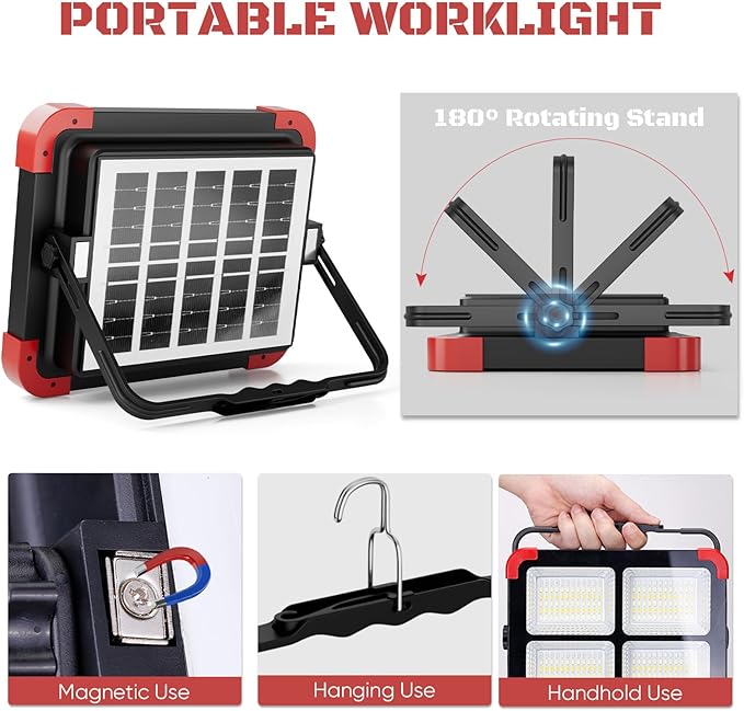 100W Solar LED Work Light - Ultra Bright Portable Flood Light with Stand IP66 Waterproof 5 Modes Rechargeable Lamp for Job Site, Camping, Fishing, Car Repair & Emergency