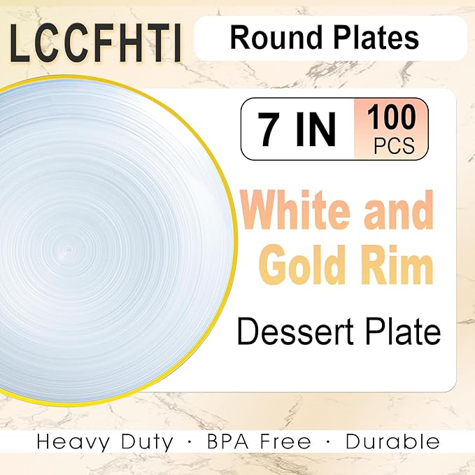 100PCS White Gold Plastic Plates, 7 Inch Heavy Duty Disposable Dessert Plates with Gold Rim, Round Appetizer/Salad Plates for Wedding, Party, Camping, Picnic
