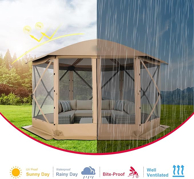 COBlZl Pop Up Gazebo 12x12 Screen House Tent for Camping, Outdoor Instant Stargazing Gazebo Canopy with Awning 2.0, Portable Hub Tent with Mosquito Netting, Pavilion for Backyard,Khaki