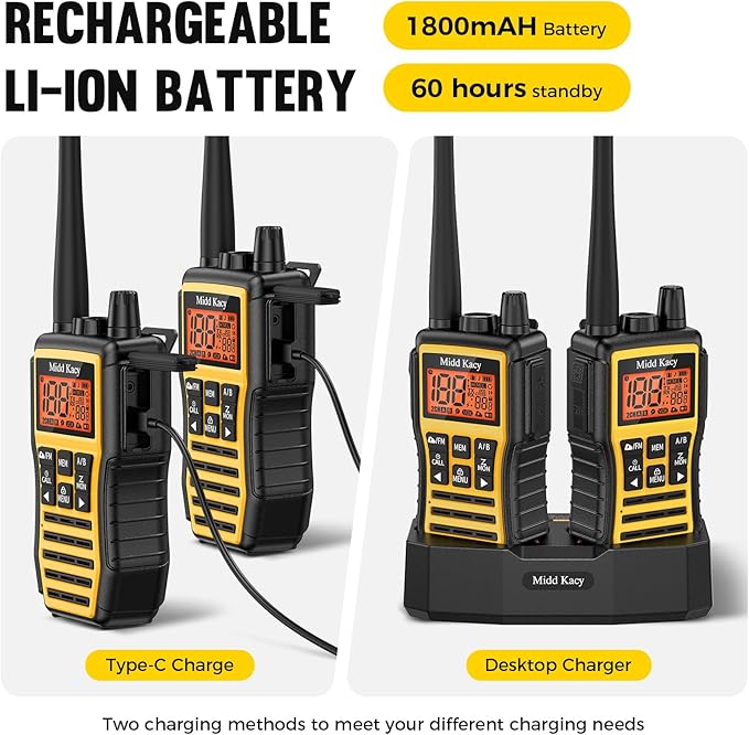 Midd Kacy MK208 Walkie Talkies-Two Way Radio-Rechargeable,61 Channels,121 Privacy Codes,New Flashlight,MEM,IP55 Waterproof,SOS,NOAA Weather Alerts,VOX,Dual Watch-Black/Yellow,2 Pack