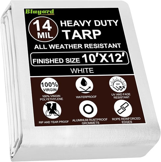 Tarp Waterproof 10x12 Ft Heavy Duty Tarp Thicker 14 Mil Large Tarps with Grommets and Reinforced Edges, UV Resistant Tear&Fade Resistant Plastic Tarp for Outdoor Camping Roof Pool Tent, White
