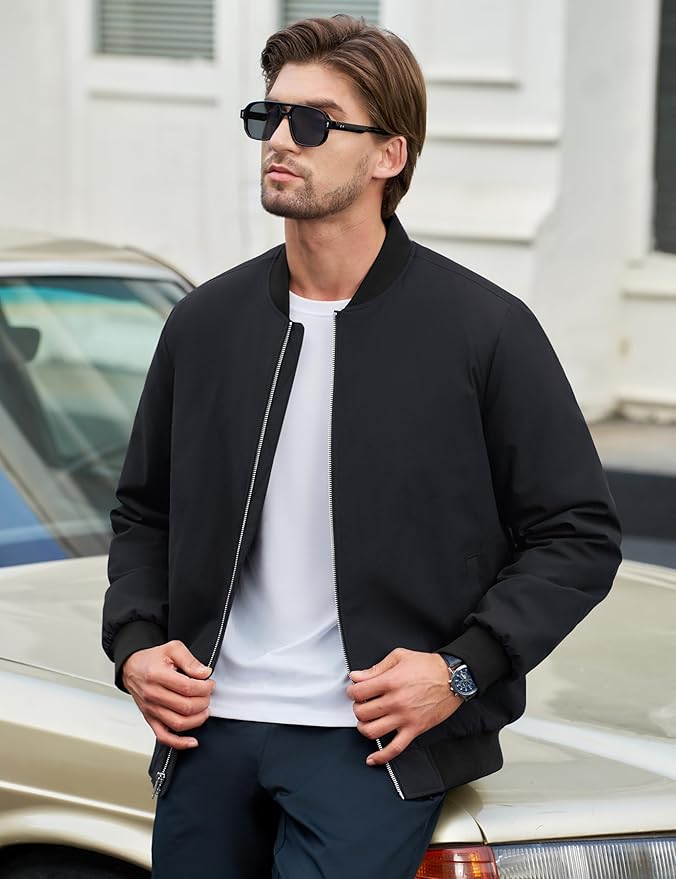 Cotrasen Men's Bomber Jacket Full Zip Windbreaker Warm Winter Windproof Casual Outwear Padded Lined Coats