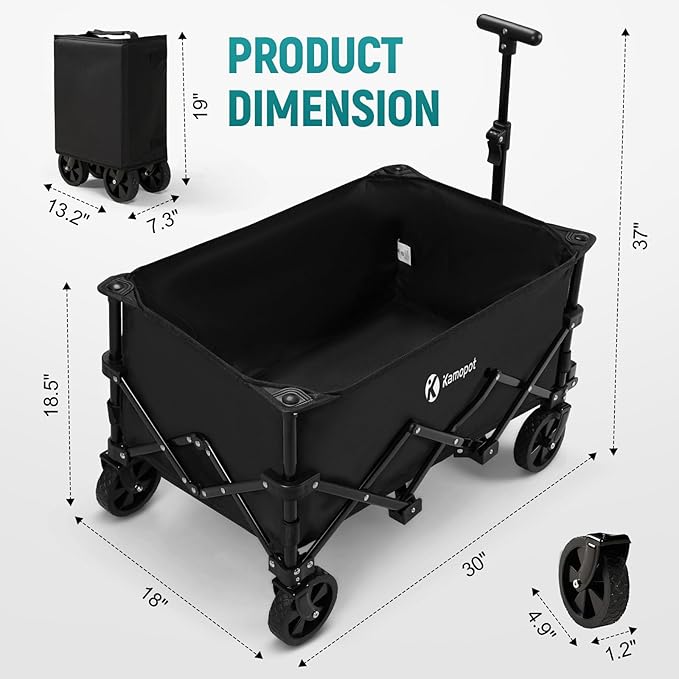 Collapsible Wagon on Wheels, Folding Wagon for Grocery, Park, Sports, Yard, Beach, Event, Pets. Portable Utility Cart w/DIY Wheels, Light-Weight (X1 Black)