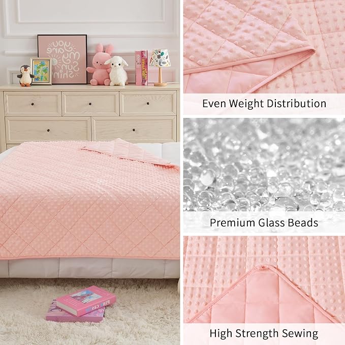 Weighted Blanket Kids (7lbs, 40"x60" Throw Size) - Breathable Minky Heavy Blanket for 60-90lbs with Premium Glass Beads - Soft Thick Blankets for All-Season Sleeping Comforter - Pink