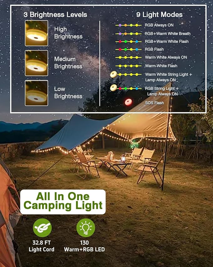 Camping String Lights, 32.8FT Warm & RGB Fairy String Lights 130LEDs, Portable Waterproof Camping Light with 12 Modes, Hanging Tent Lanterns for Outdoor Hiking Yard AWN Home Bedroom Decorations