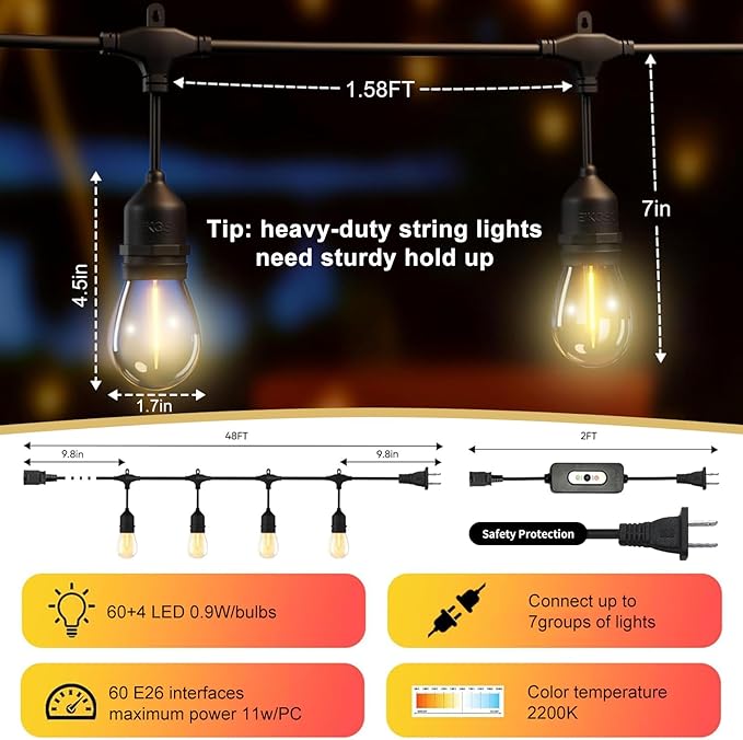 100FT LED Outdoor String Lights with 60+4 Waterproof Bulbs(๐.๐๐
๐ ๐๐ฎ๐ฅ๐๐ฅ๐ฌ ๐๐ฉ๐๐๐ข๐ง๐ ), Remote & Dimmer, Commercial Grade Patio Lights with 3 Mode Light & Timing, 100PC Ties