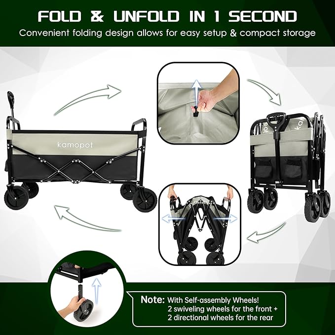 Large Collapsible Wagon Foldable for Grocery, Beach, Park, Yard, 34 x 18 Inch Inner Storage. Folding Utility Shopping Cart on Wheels. Heavy Duty, Durable w/Cupholders (Black-Gray)
