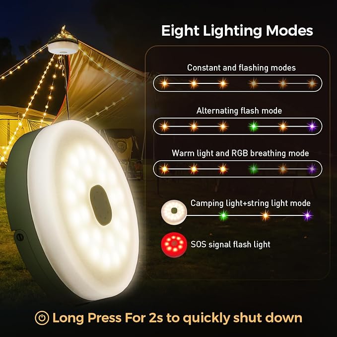 Camping String Lights, 2 in 1 Quick Storage 32.8FT Rechargeable Tent Lights String with 8 Modes, Hanging Waterproof Portable LED Lamp for Outdoor Patio Awning Garden Party Essentials