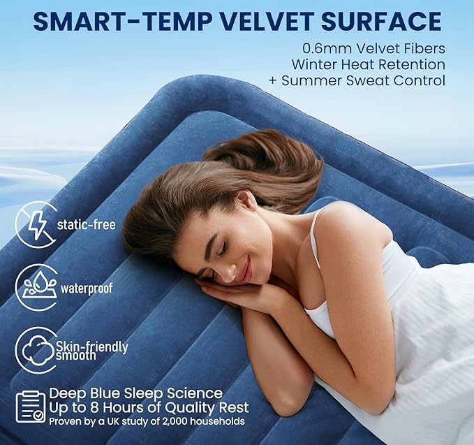 KINGJERRY Queen Air Mattress with Built in Pump, Blow up Mattress Queen 18 Raised Comfort, Upgrade Surface Inflatable Bed, Leak-Proof Air Bed for Home Guests & Camping, 800 lbs Max, 3-Min Inflation