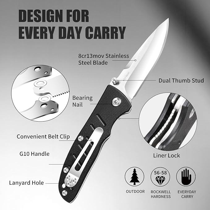 Harita Pocket Knife Folding EDC Knife with Belt Clip, 2.76 inch 8Cr13MoV Straight Edge Blade, G10 Handle, Foldable Knife for Camping Finshing Hunting Survival for Men Women Black