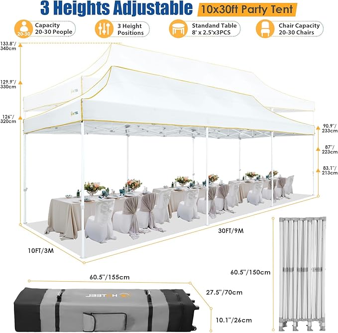 HOTEEL 10x30 Pop up Canopy Tent for Parties, Heavy Duty Easy Setup Tent Without Sidewalls, Outdoor Commercial Instant Gazebo for Wedding Event, with Portable Bag, White(Hexagonal Frame)