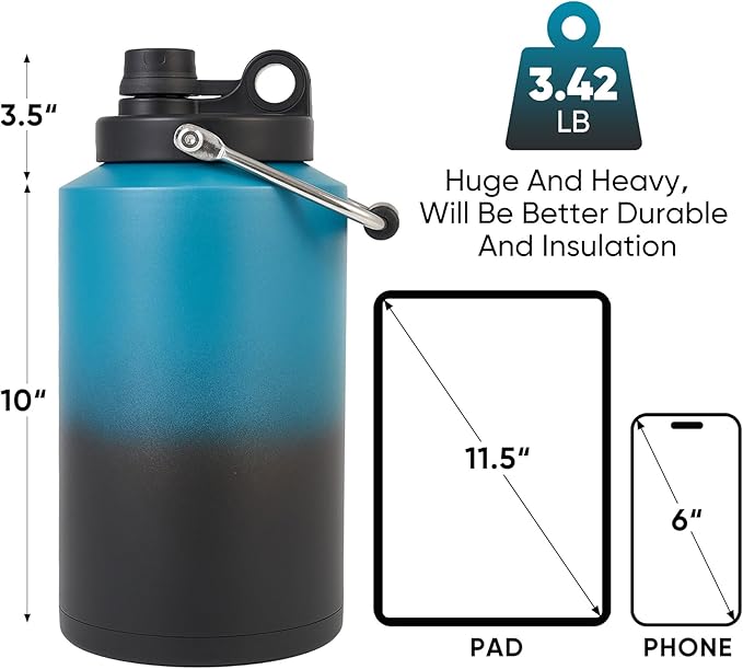 Kerilyn Insulated Gallon Jug with Handle, One Gallon, 128oz Stainless Steel, Large Double Vacuum Water Bottle for Hot & Cold Drinks, Wide Mouth, Sweat Proof, Great for Travel, Camping, Blue Gradient