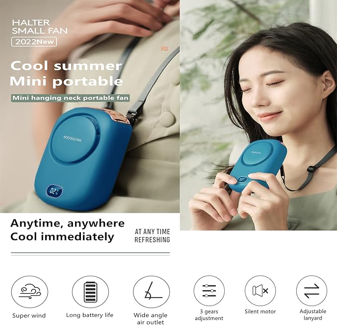 Portable Neck Fan, Mini Small Personal Handheld Fan USB Rechargeable 3 Speed for Girls Boys Woman Eyelash Travel Home Office Outdoor (Blue)