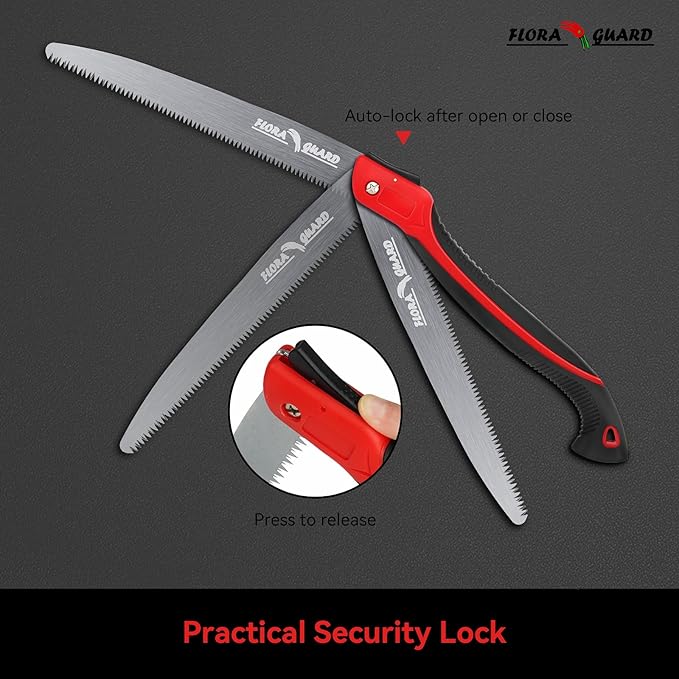 FLORA GUARD 10-Inch Folding Saw, Heavy Duty Hand Saw with Multi-Level Razer Teeth for Wood Cutting, Tree Trimming Camping Gardening Tools (Red-10")