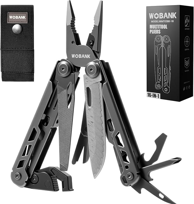 Multitool, 16-in-1 Stainless Steel Multi Tool Pliers with Adjustable Hex Wrench, Damascus Pocket Knife, Nylon Sheath for Survival, Camping and Hunting, Hiking, Simple Repair