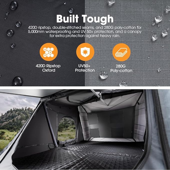 Sanhima Rooftop Tent Hard Shell - Jervis Overland Aluminium ABS Roof Top Tent w/Stargaze Window & LED Strip Light for Car SUV Truck Camping, 2-3 People
