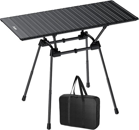 3ft Folding Camping Table, 4 Adjustable Heights Tall Aluminum Roll Up Camping Table with Carrying Bag, Portable, Waterproof, for Picnic, Outdoor, Travel, Backyard, Beach, 35” X 16”, Black