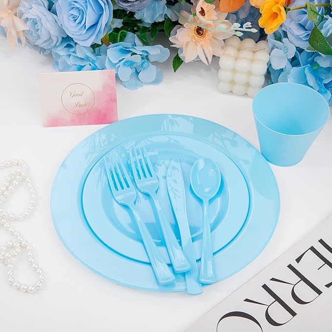 KIRE 150 Piece Blue Plastic Plates Disposable - Blue Dinnerware Set Includes 25 Dinner Plates, 25 Salad Plates, 25 Utensils Set 25 Clear Cups for Birthday/Picnic/Baby Shower