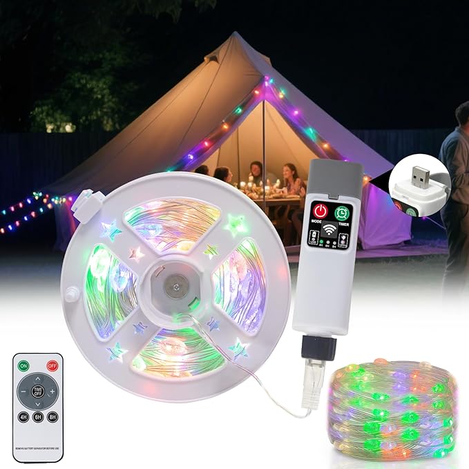 Moobibear Camping String Lights, Quick Storage 33FT/100LED RGB Rugby Rechargeable Tent Lights String with USB 8 Lighting Modes, Waterproof Portable LED Lamp for Camping Essentials, Yard, Party