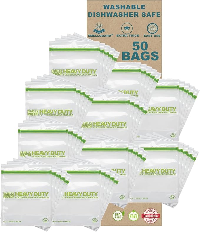 BULK VALUE, Smelly Proof 50-Pack HEAVY DUTY 5-mil Reusable Bags, Ziplock Stand-Up, Expandable, Dishwasher-Safe, Triple Zip, Odor-Proof, Durable Poly Nylon (Non-Silicone) US-Made 8.5" x 10" Quart 50pk