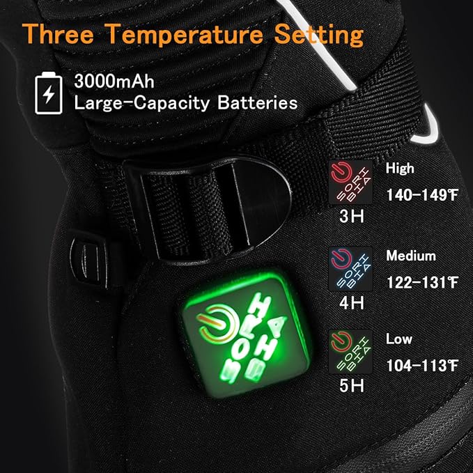 Heated Motorcycle Gloves for Men & Women - 7.4V 3000mAh Rechargeable Batteries, Electric, Touchscreen, Waterproof, Windproof, Non-Slip, Skiing, Cycling, Fishing