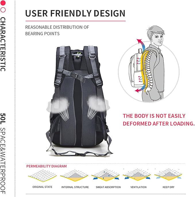 Bseash 50L Hiking Backpack, Water Resistant Lightweight Outdoor Sport Daypack Travel Bag for Camping Climbing Skiing Cycling (Light Blue - No Shoe Compartment)