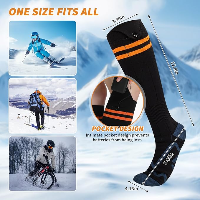Electric Heated Socks for Men & Women - 6000mAh Rechargeable, Up to70 °C Large Heating Area, 8H Heat, Washable for Skiing, Hunting, Camping