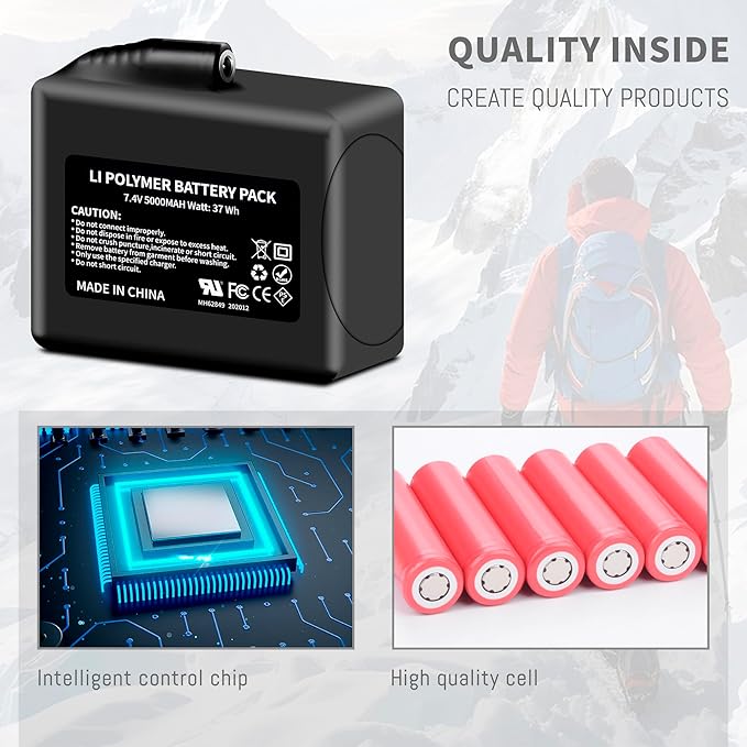 2Pack 5000mAh Lithium-ion Battery Pack for Heated Gloves, Socks, Hats, Mittens, Vest, Jacket, Hand Muff, Boots, Hat, Knee Braces Suit Upgraded Version Battery with 8.4V DC Dual Battery Charger