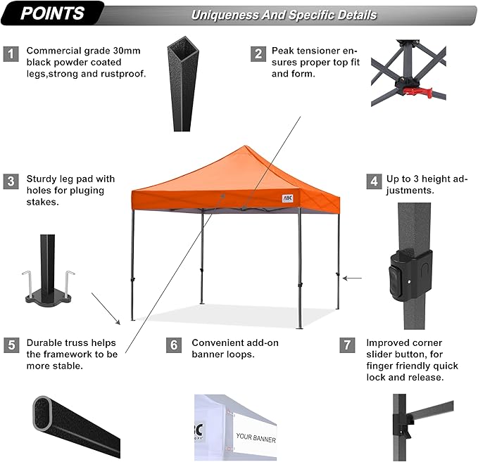 ABCCANOPY Patio Pop Up Canopy Tent 10x10 Commercial-Series (Orange)