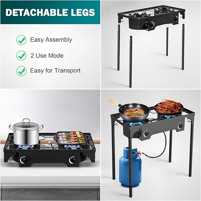 2 Burner Propane or LPG Gas Stove for Outdoor Cooking | 150,000 BTU High-Pressure Heavy-Duty Camping Stove with Regulator | Portable for Backyard, Patio BBQ, Baking, Frying