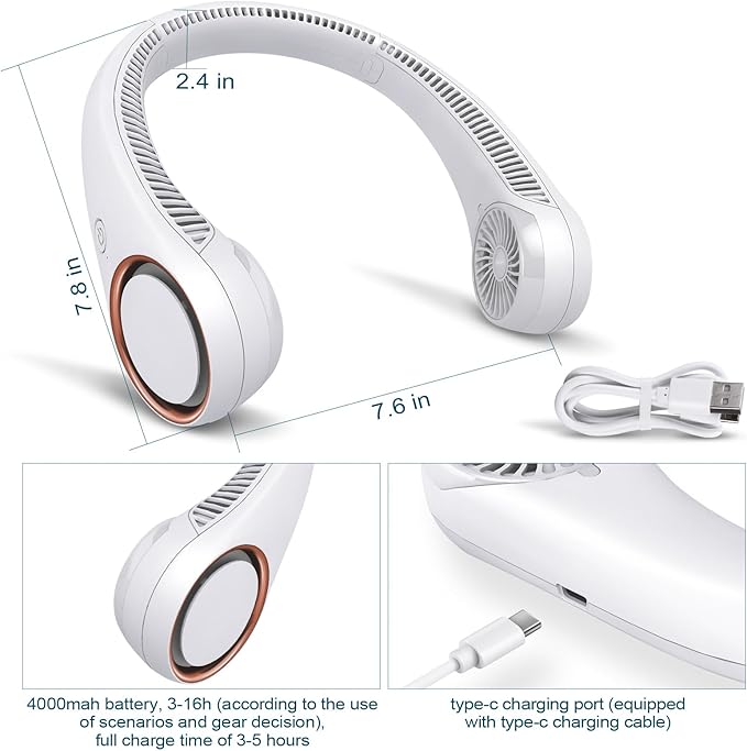 CIVPOWER Neck Fan: Portable Personal Neck Cooling Rechargeable Bladeless Fan - Hands Free 3 Speed 4000 mAh Battery USB Operated Wearable Headphone Design - for Men Women Outdoor Indoor (White)