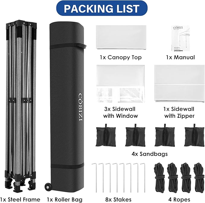 COBIZI 10x10 Pop Up Canopy Tent with 4 sidewalls Commercial Heavy Duty Canopy UPF 50+ All Weather Waterproof Outdoor Canopy Wedding Tents for Parties Gazebo with Roller Bag, White (Windproof Upgraded)