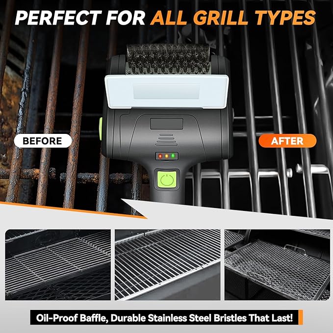 Auto Dynasty Cordless Electric Grill Brush, Rechargeable Grill Cleaning Scrub Brush with Rotating Cleaner Brush Head and Type-C Charging Cable for Outdoor Grill, Green/Black