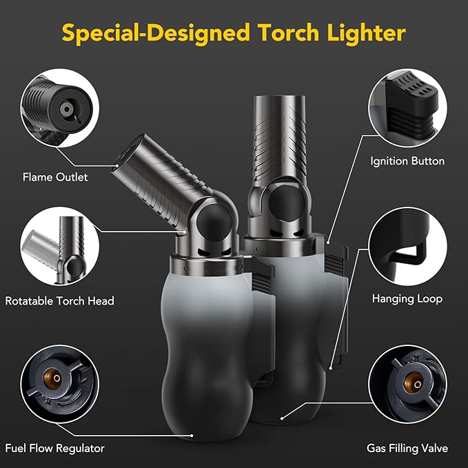 TBTeek Torch Lighter, Portable Kitchen Torch with 45° Rotatable Head and Adjustable Flame, Refillable Butane Torch Lighter for Soldering, Cooking, BBQ, Fireplaces, White-Black (Gas Not Included)