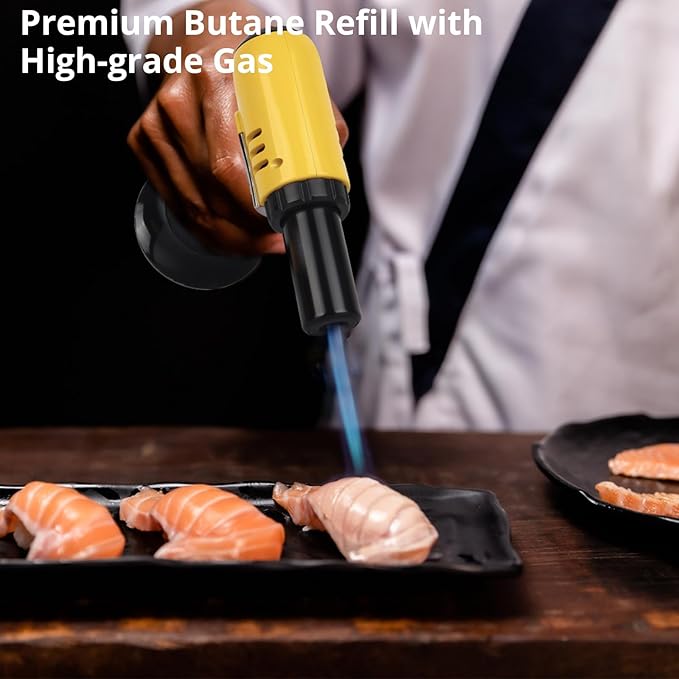 TBTeek Torch Lighter with Butane Included, T907 Butane Torch with 180ml Fuel Refill, Refiilable Kitchen Torch Lighter with Adjustable Flame for BBQ, Brulee Creme, Crafts and Soldering (1 Can)