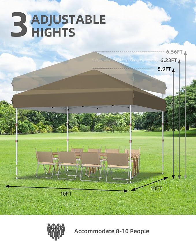 10x10 Pop Up Canopy Tent Outdoor Canopy with No Removable Sidewall One-Person Set Up Heavy Duty Commercial Instant Tent Shelter-Khaki
