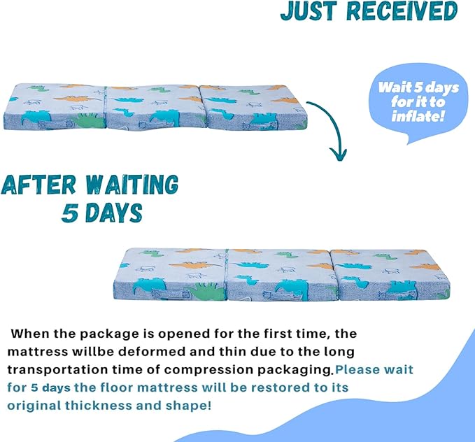 MeMoreCool Foldable Floor Mattress for Kids, Glow Dinosaur Toddlers Trifold Nap Mat, Kids Folding Mattress Portable Sleeping Futon for Daycare or Floor Bed, 57x22 Inch Blue