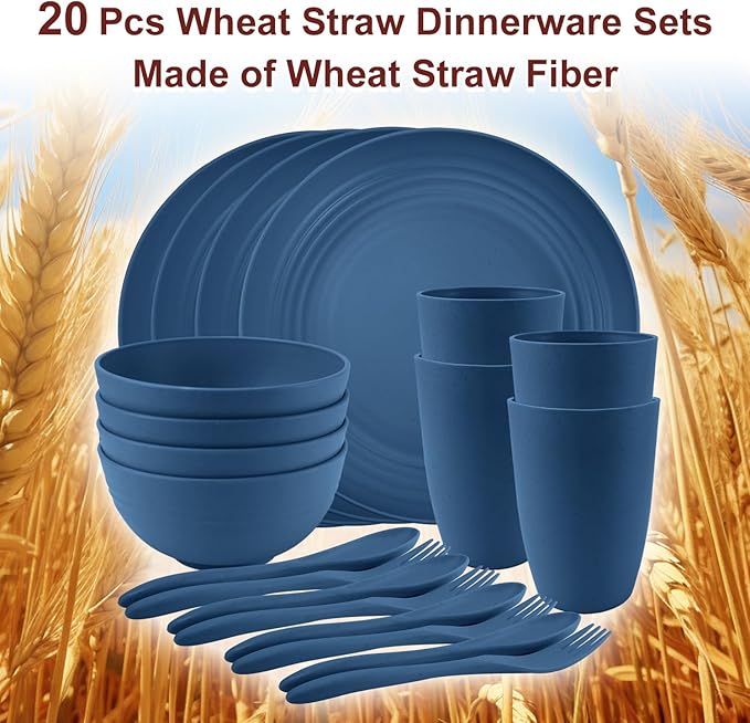 Wheat Straw Dinnerware Sets 20 PCS, Unbreakable Kid Plates and Bowls Sets, Alternative to Plastic Dishes Set for 4, Dinner Plates, Drinking Glasses for Camping, College, Dorm (Blue)