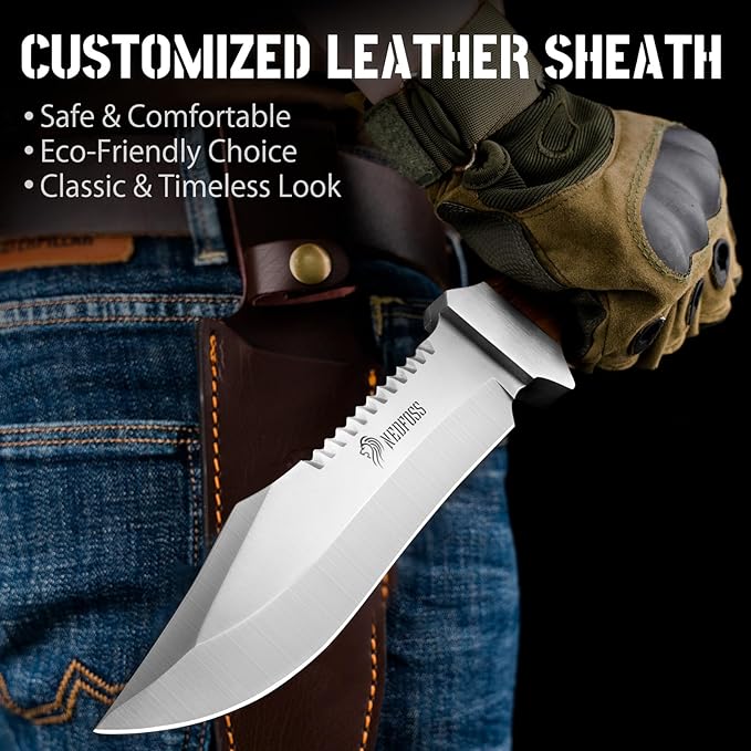 NedFoss 13" Survival Knife with Sheath, 7" Large Blade Camping Knives with Rosewood Handle, Full Tang Bowie Fixed Blade Hunting Knife, Outdoor Bushcraft Gifts for Men Women