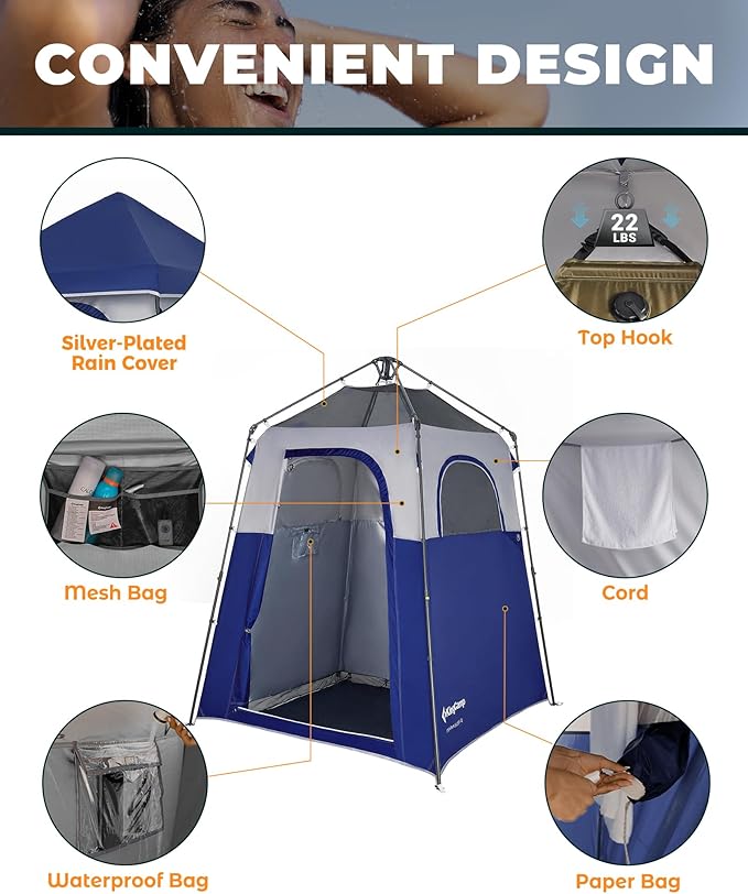 KingCamp Instant Shower Tent, Portable Superior Stable Privacy Shelter, Large Room Outdoor Toilet Tent with Floor for Beach, Camping & Hiking, Setup in Under 60s