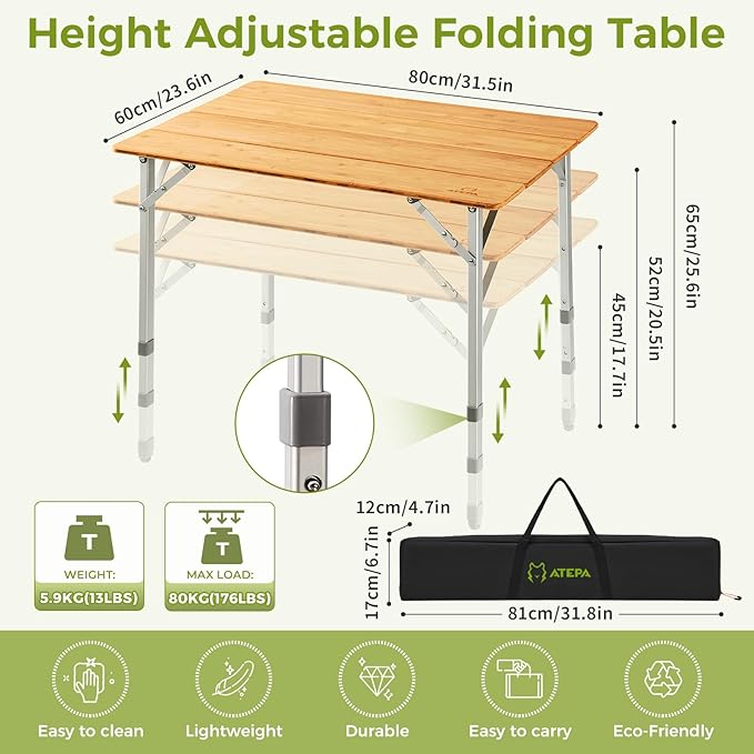 ATEPA Wooden Folding Table, Adjustable Height Folding Tables Environmental Bamboo Camping Table with Aluminum Legs Carry Bag for Travel Picnic Beach Fishing Outdoor Indoor, 2-4 Person