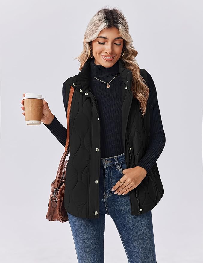 Zeagoo Puffer Vest Women Sleeveless Quilted Jacket Lightweight Snap Zip Up Stand-up Collar Down with Pockets Outerwear